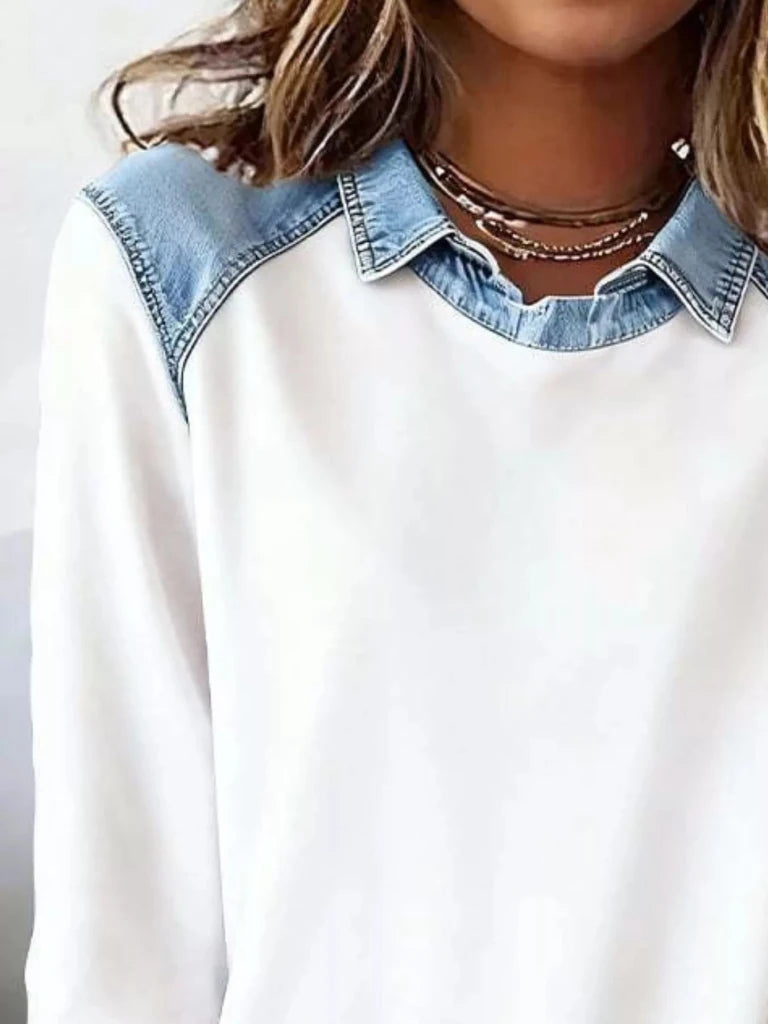 Denim trim long sleeve top, alternate product image