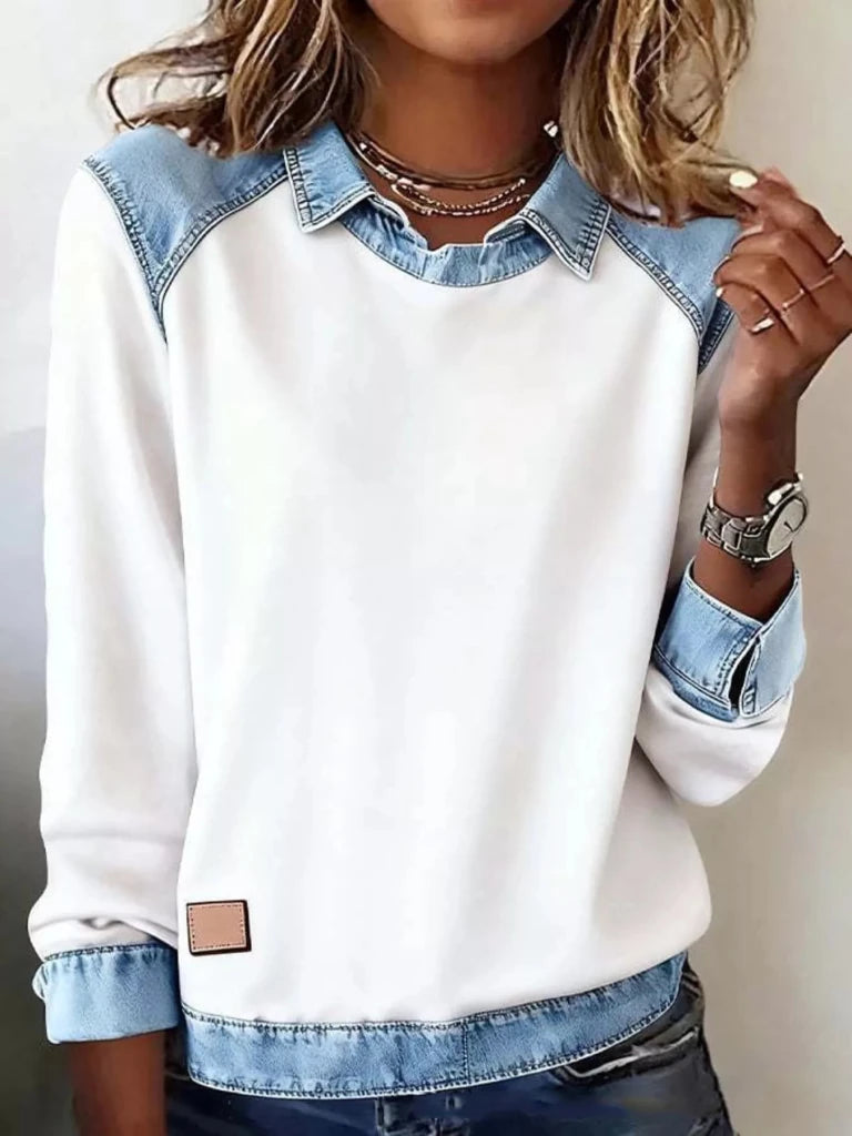 Denim trim long sleeve top