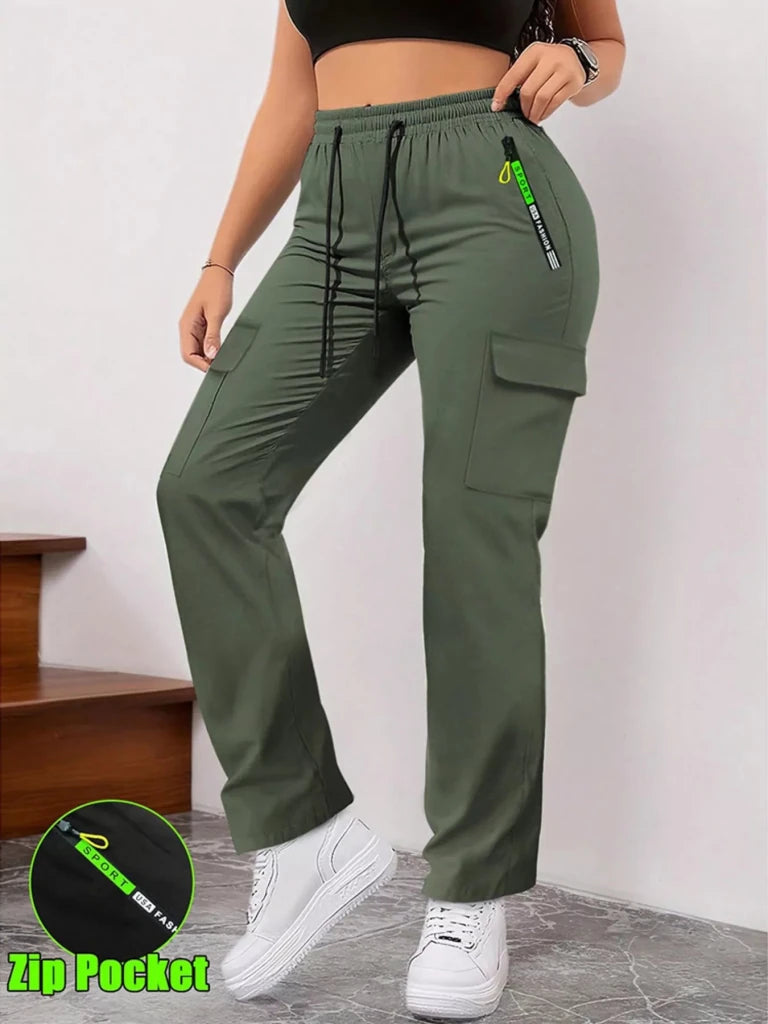 Army green drawstring cargo pants with zip pocket