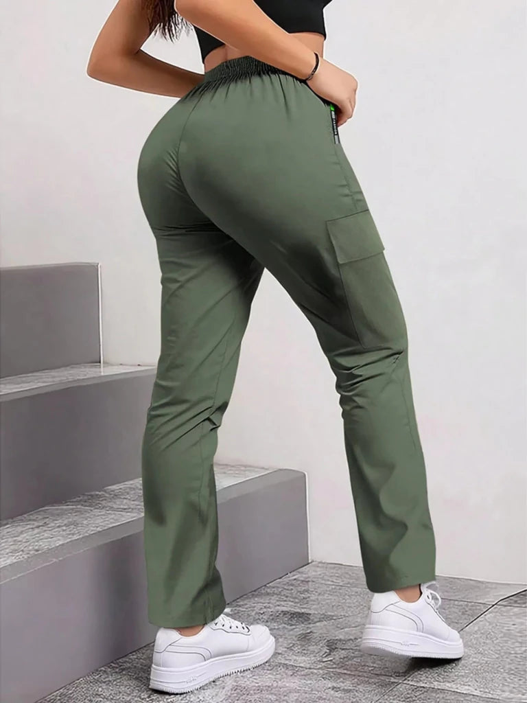 Army green drawstring cargo pants with zip pocket, view 2