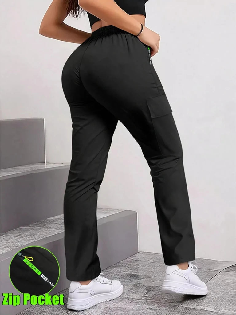 Black drawstring cargo pants with zip pocket, view 2