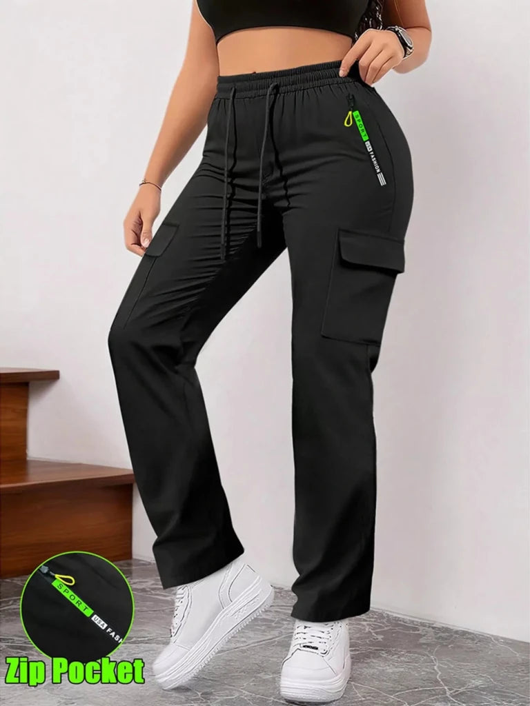 Black drawstring cargo pants with zip pocket