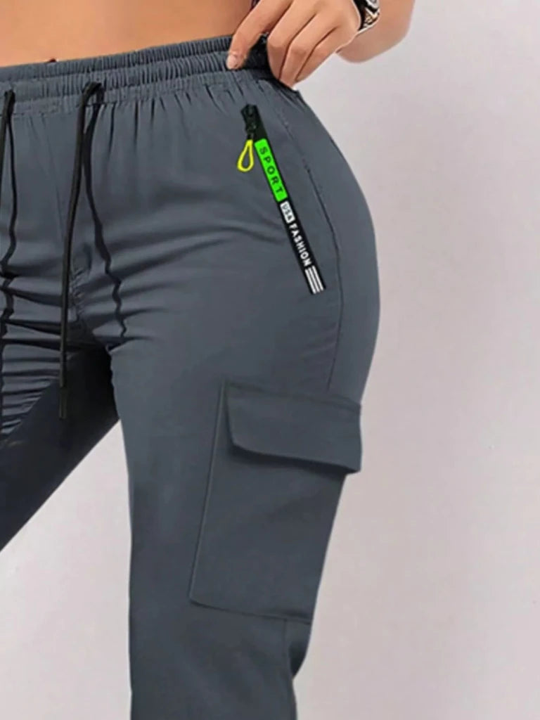 Dark gray drawstring cargo pants with zip pocket, view 2