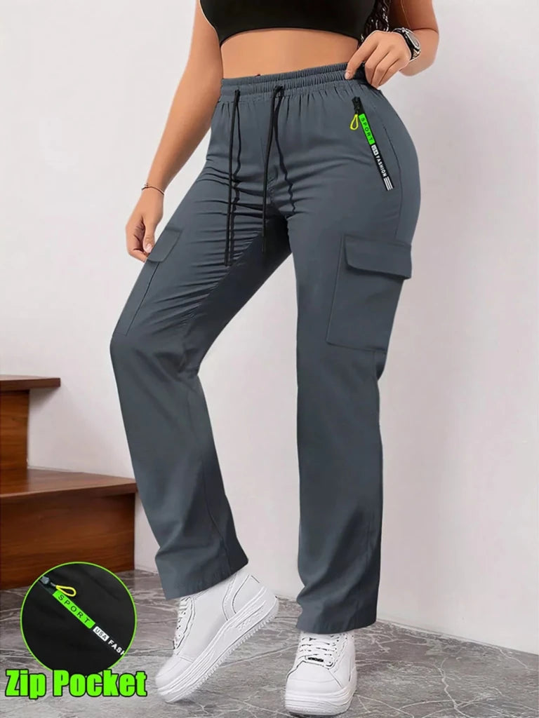 Dark gray drawstring cargo pants with zip pocket
