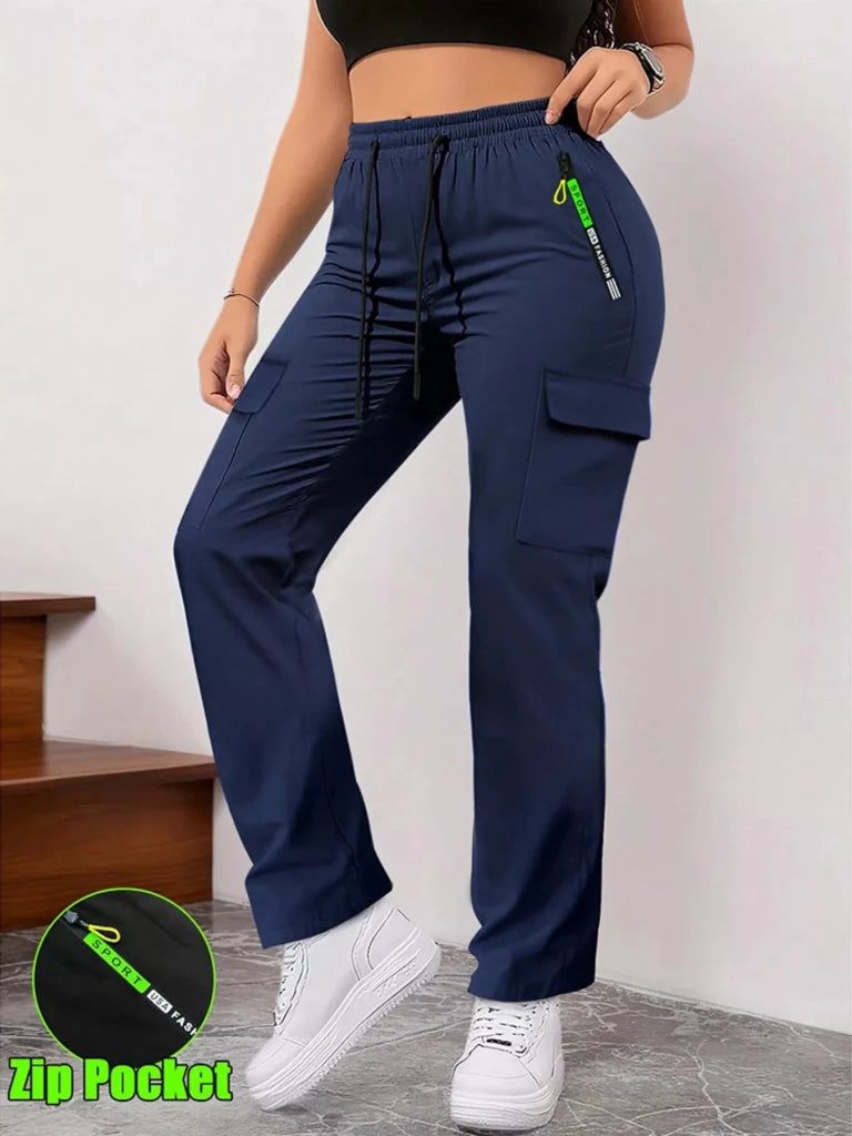 Navy blue drawstring cargo pants with zip pocket