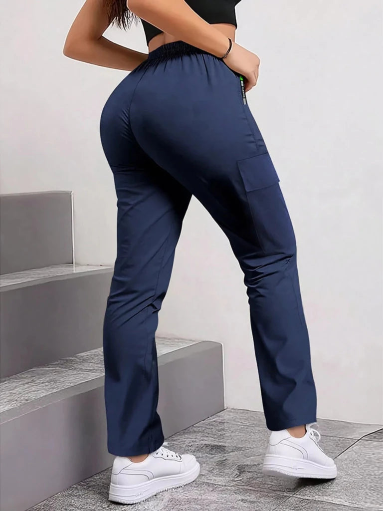 Navy blue drawstring cargo pants with zip pocket, view 2