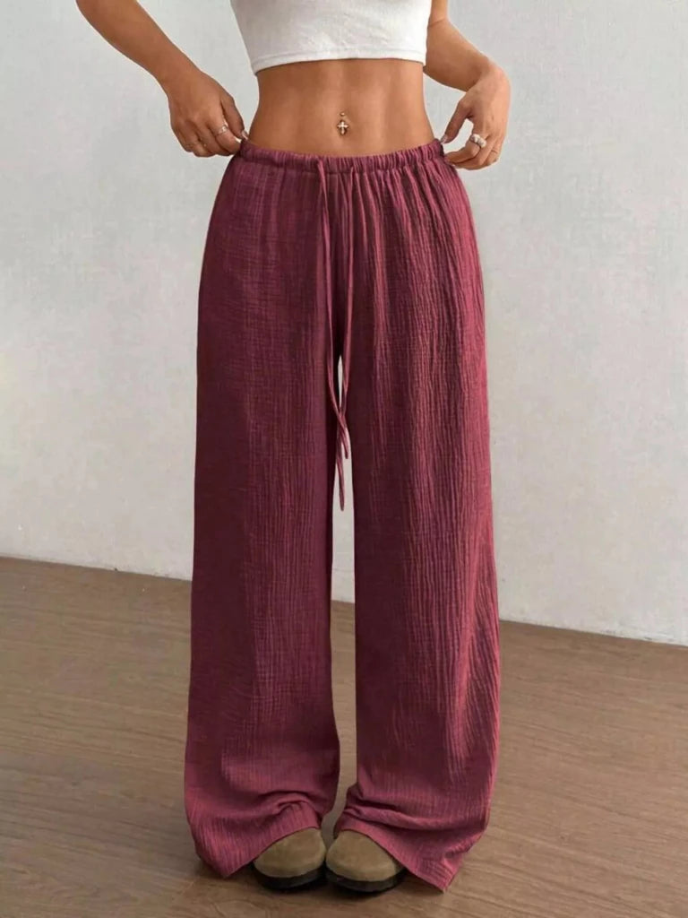 Full Size Drawstring Wide Leg Pants Plus Size - Wine Red by Trendsi from FREYA’S CLOSET