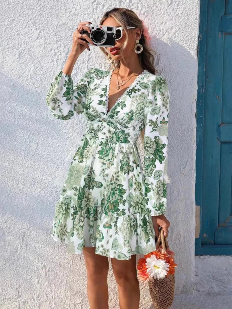 Full Size Floral Print V - Neck Long Sleeve Ruffle Hem Mini Dress Plus Size - Green by Trendsi from FREYA’S CLOSET