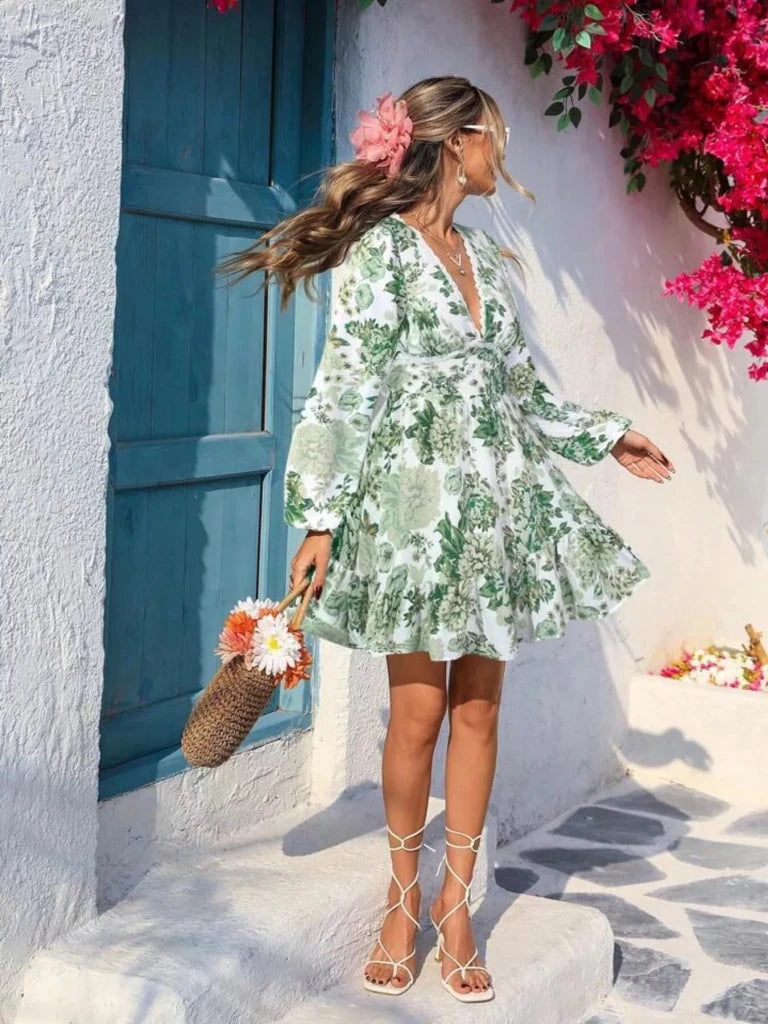 Full Size Floral Print V - Neck Long Sleeve Ruffle Hem Mini Dress Plus Size - Green by Trendsi from FREYA’S CLOSET