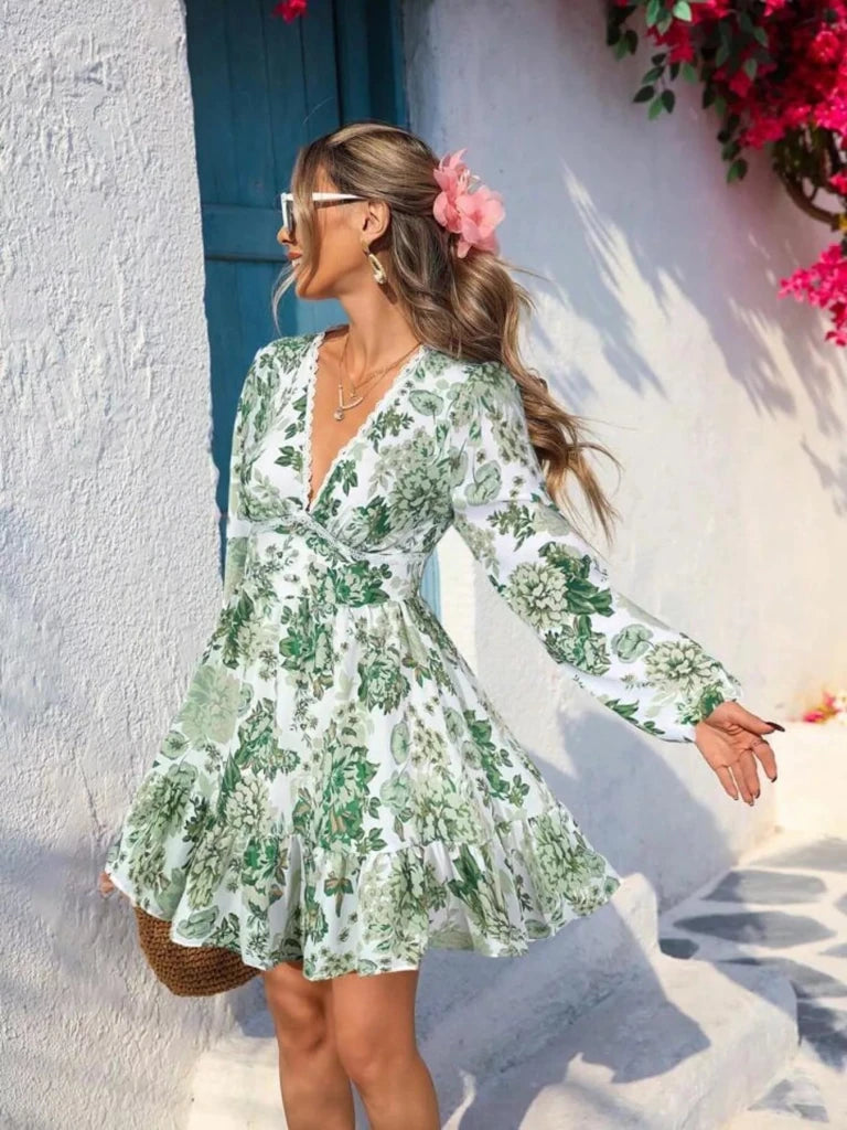 Full Size Floral Print V - Neck Long Sleeve Ruffle Hem Mini Dress Plus Size - Green by Trendsi from FREYA’S CLOSET