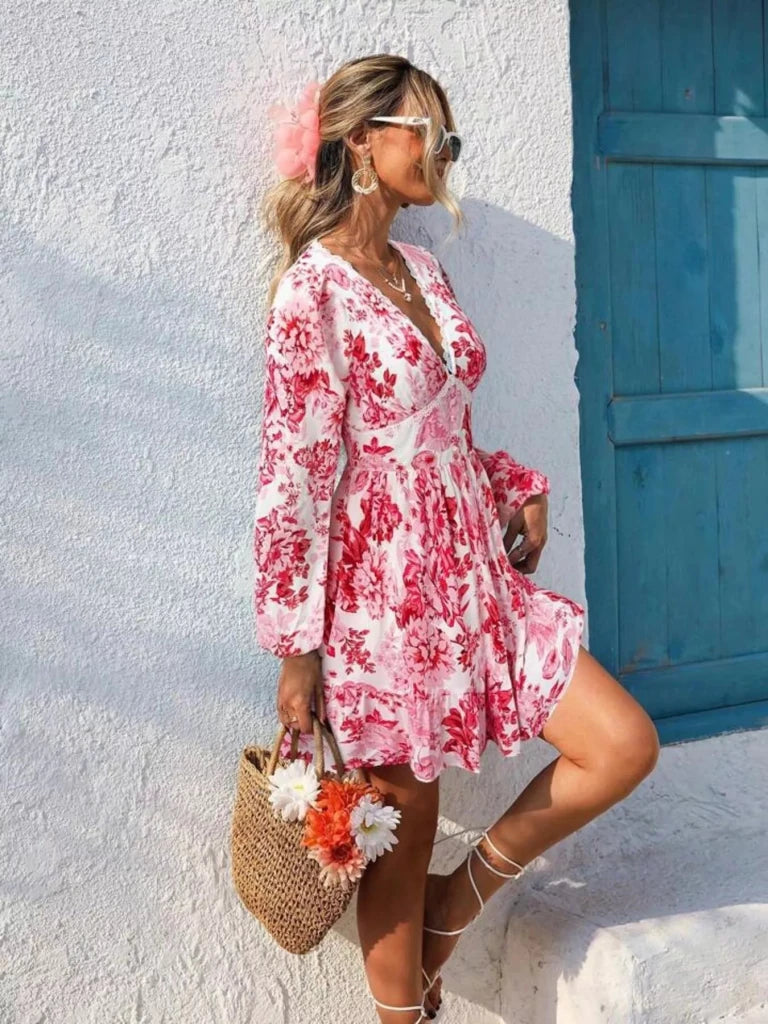 Full Size Floral Print V - Neck Long Sleeve Ruffle Hem Mini Dress Plus Size - Red by Trendsi from FREYA’S CLOSET