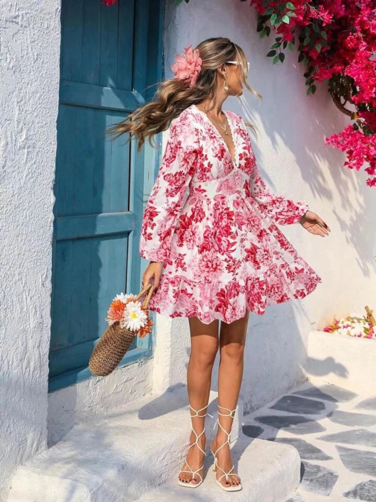 Full Size Floral Print V - Neck Long Sleeve Ruffle Hem Mini Dress Plus Size - Red by Trendsi from FREYA’S CLOSET