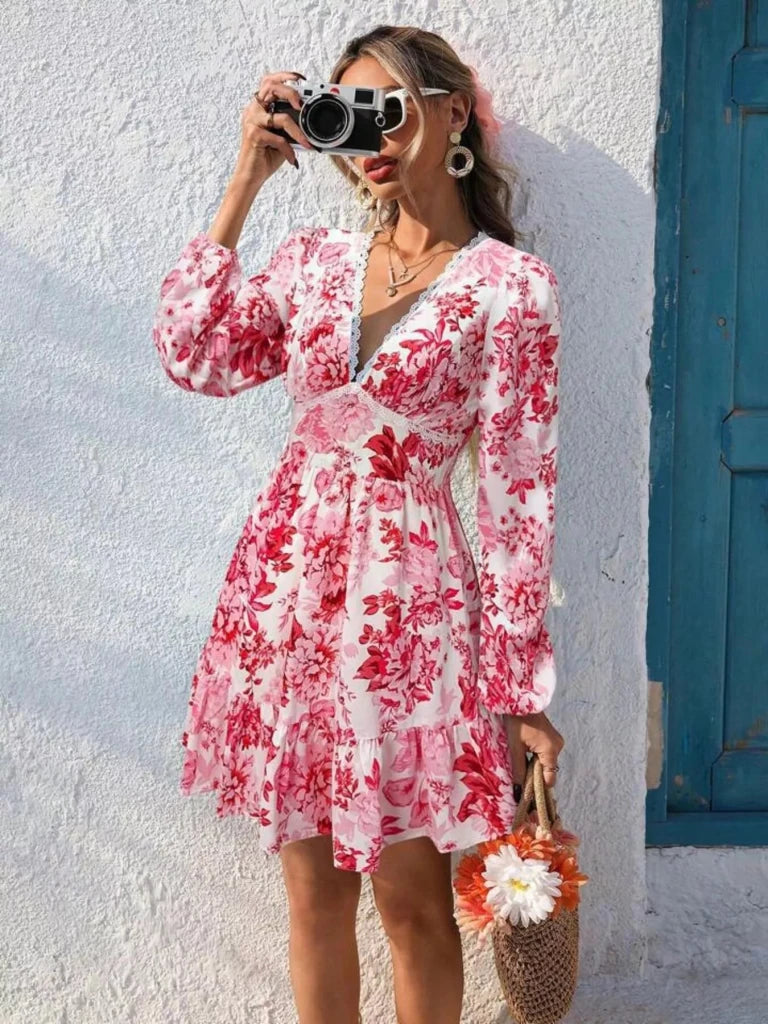 Full Size Floral Print V - Neck Long Sleeve Ruffle Hem Mini Dress Plus Size - Red by Trendsi from FREYA’S CLOSET