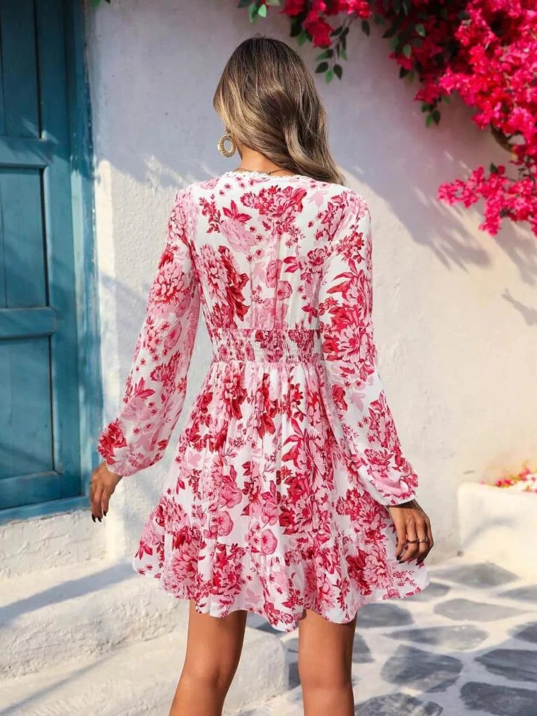 Full Size Floral Print V - Neck Long Sleeve Ruffle Hem Mini Dress Plus Size - Red by Trendsi from FREYA’S CLOSET