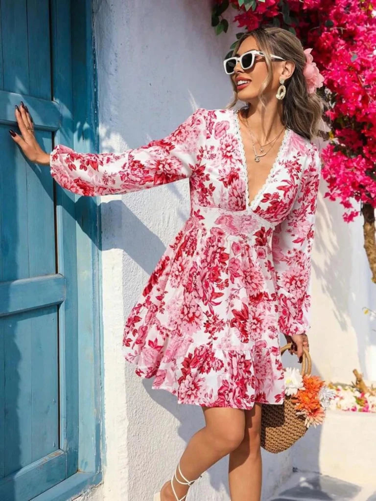 Full Size Floral Print V - Neck Long Sleeve Ruffle Hem Mini Dress Plus Size - Red by Trendsi from FREYA’S CLOSET