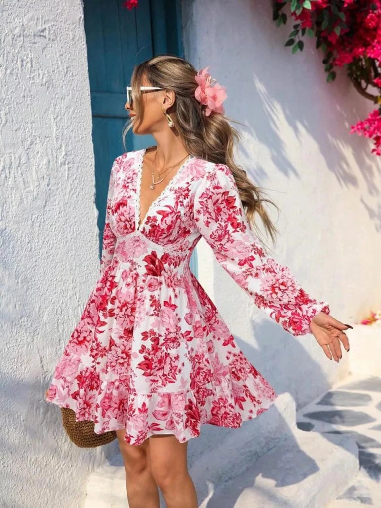 Full Size Floral Print V - Neck Long Sleeve Ruffle Hem Mini Dress Plus Size - Red by Trendsi from FREYA’S CLOSET