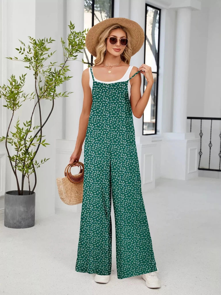Full Size Floral Print Wide Leg Casual Jumpsuit Plus Size - Deep Teal by Trendsi from FREYA’S CLOSET