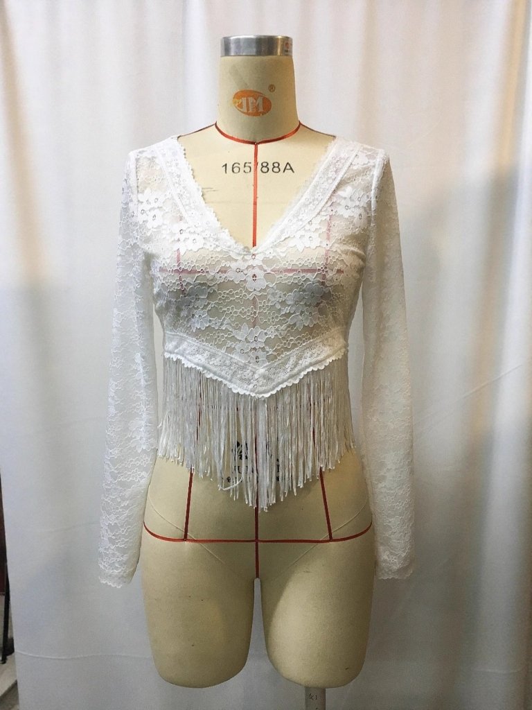 Full Size Fringe Hem Lace Long Sleeve Top Plus Size - White by Trendsi from FREYA’S CLOSET