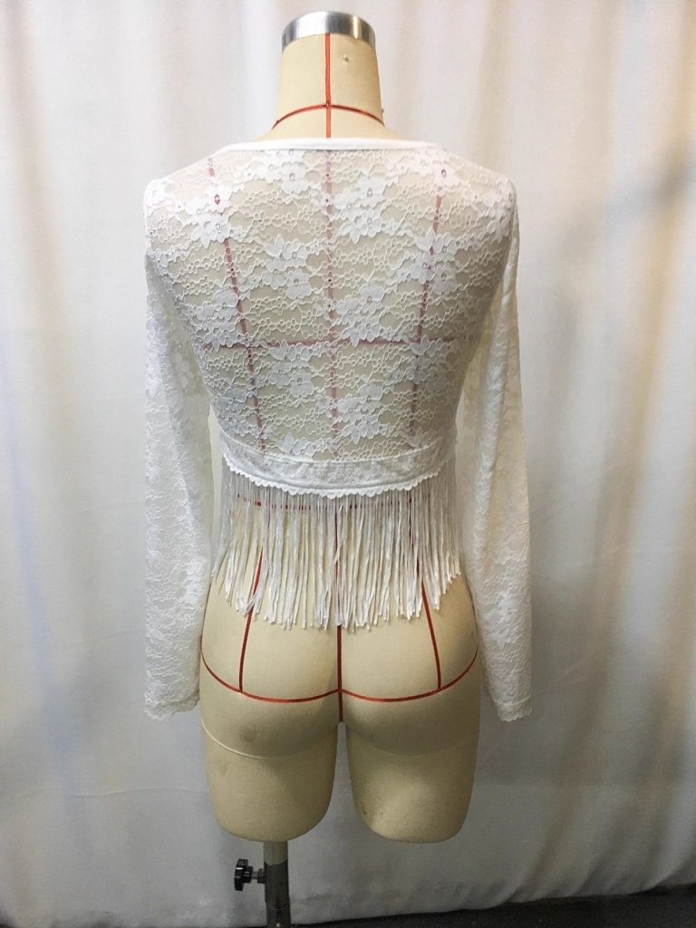 Full Size Fringe Hem Lace Long Sleeve Top Plus Size - White by Trendsi from FREYA’S CLOSET