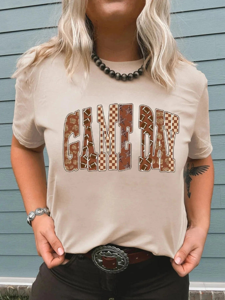 Full Size GAME DAY Checkered Letter Graphic T Shirt Plus Size - Tan by Trendsi from FREYA’S CLOSET