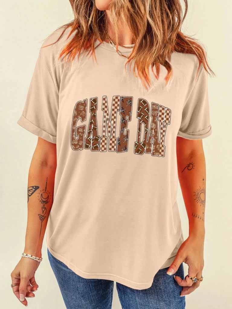Full Size GAME DAY Checkered Letter Graphic T Shirt Plus Size - Tan by Trendsi from FREYA’S CLOSET