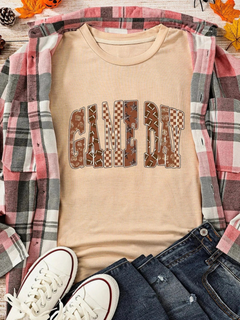 Full Size GAME DAY Checkered Letter Graphic T Shirt Plus Size - Tan by Trendsi from FREYA’S CLOSET