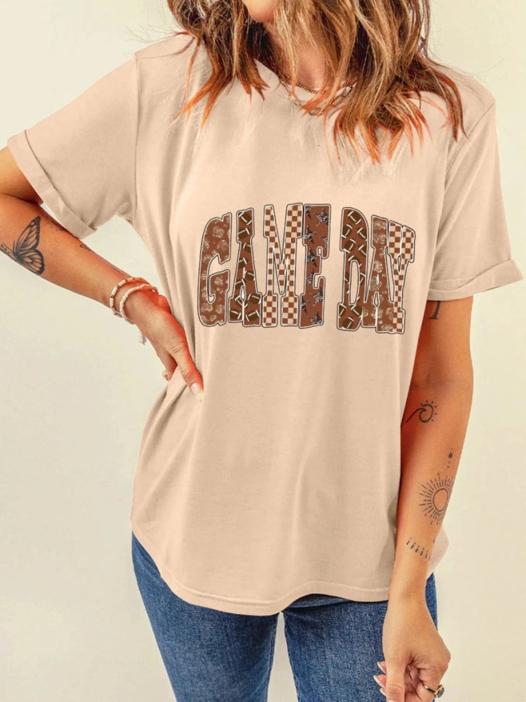 Full Size GAME DAY Checkered Letter Graphic T Shirt Plus Size - Tan by Trendsi from FREYA’S CLOSET