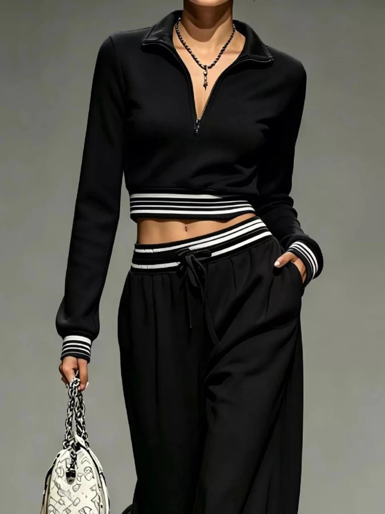 Black half-zip cropped top and pants set, view 2