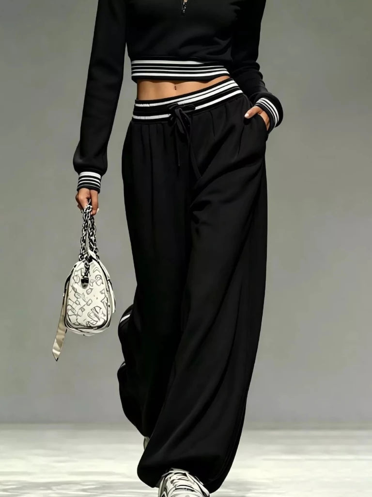 Black half-zip cropped top and pants set, view 3