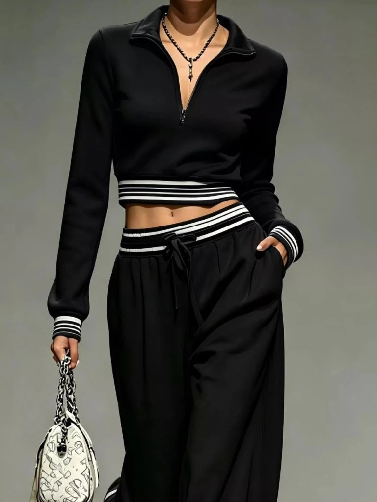 Black half-zip cropped top and pants set, view 4