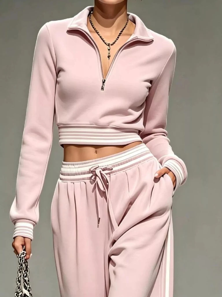 Blush pink half-zip cropped top and pants set