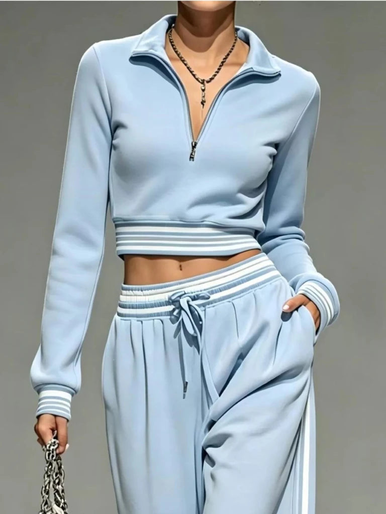 Light blue half-zip cropped top and pants set, view 2