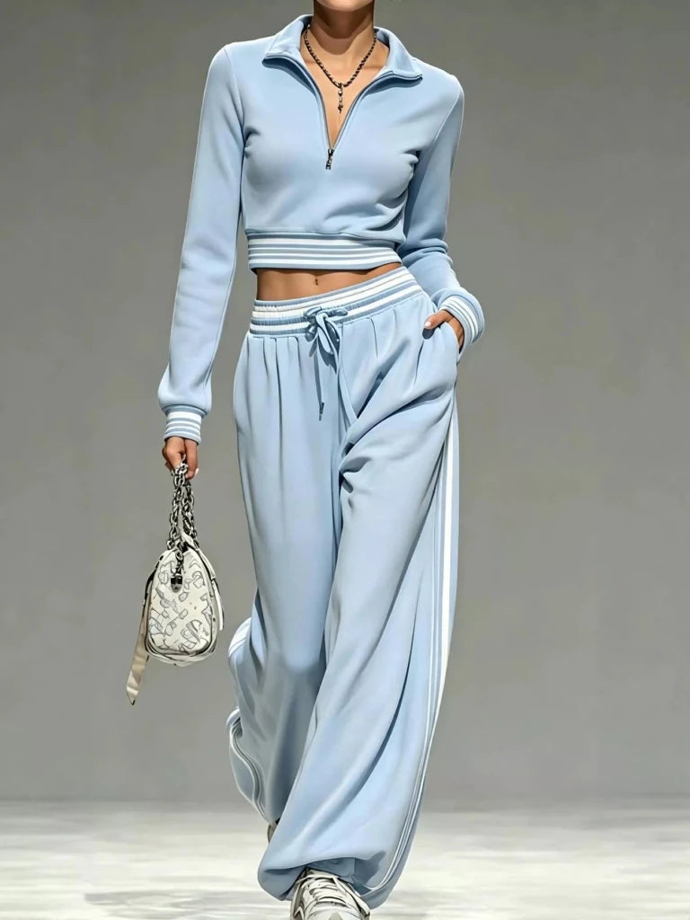 Light blue half-zip cropped top and pants set