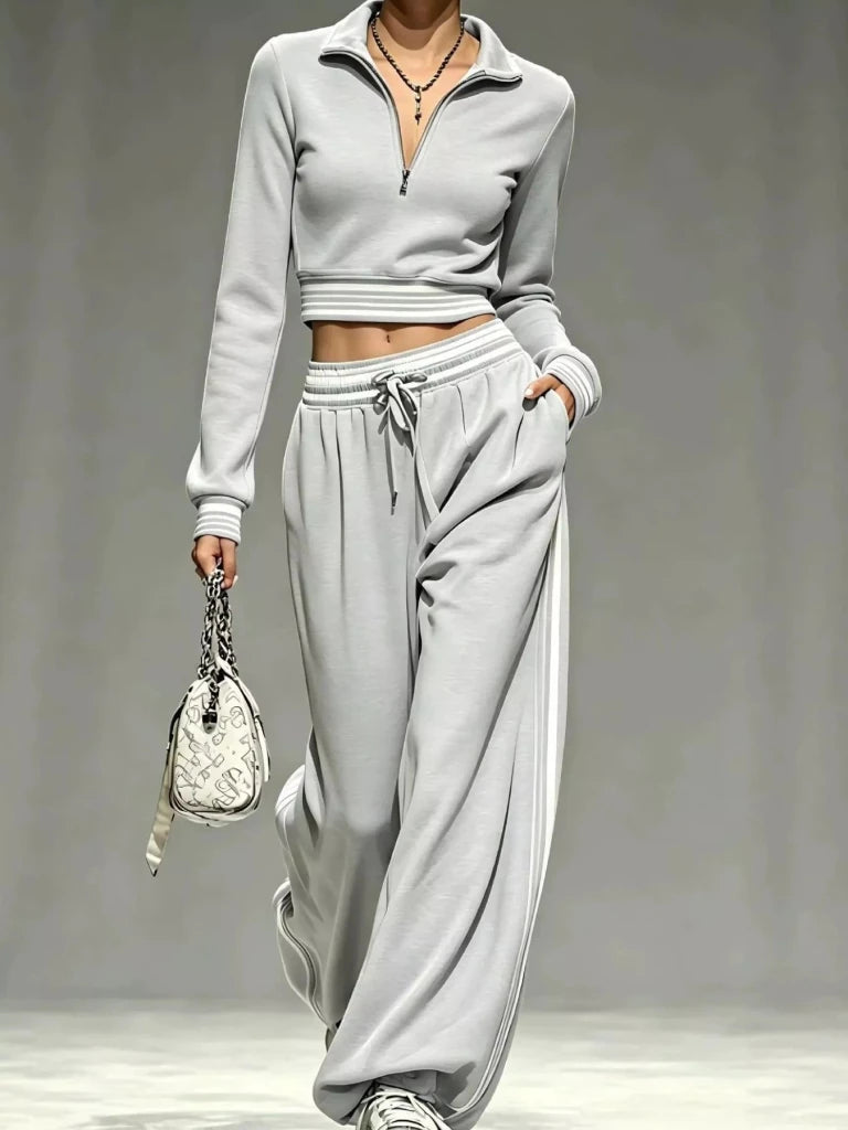 Light gray half-zip cropped top and pants set