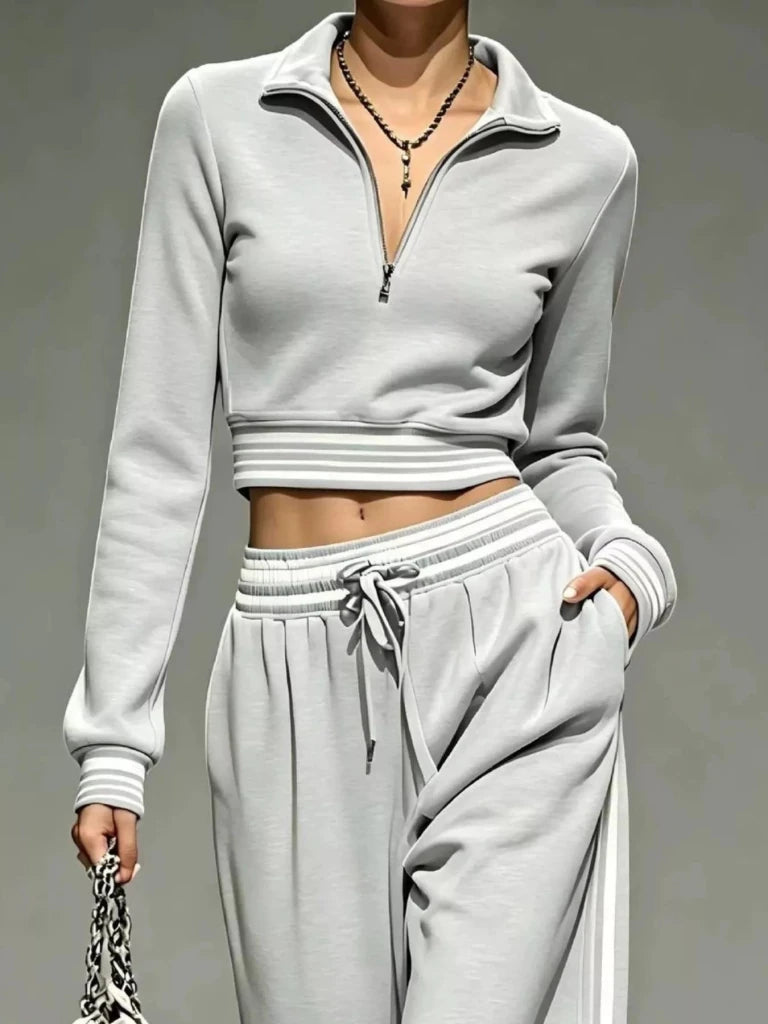 Light gray half-zip cropped top and pants set, view 2