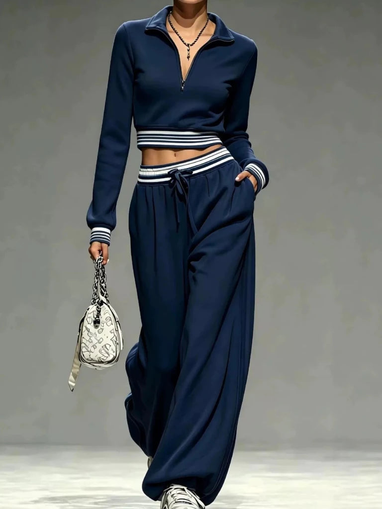 Navy half-zip cropped top and pants set, view 2