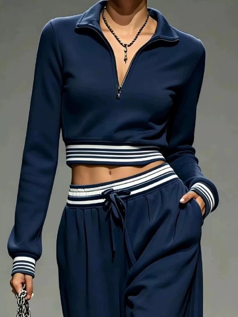 Navy half-zip cropped top and pants set, view 3