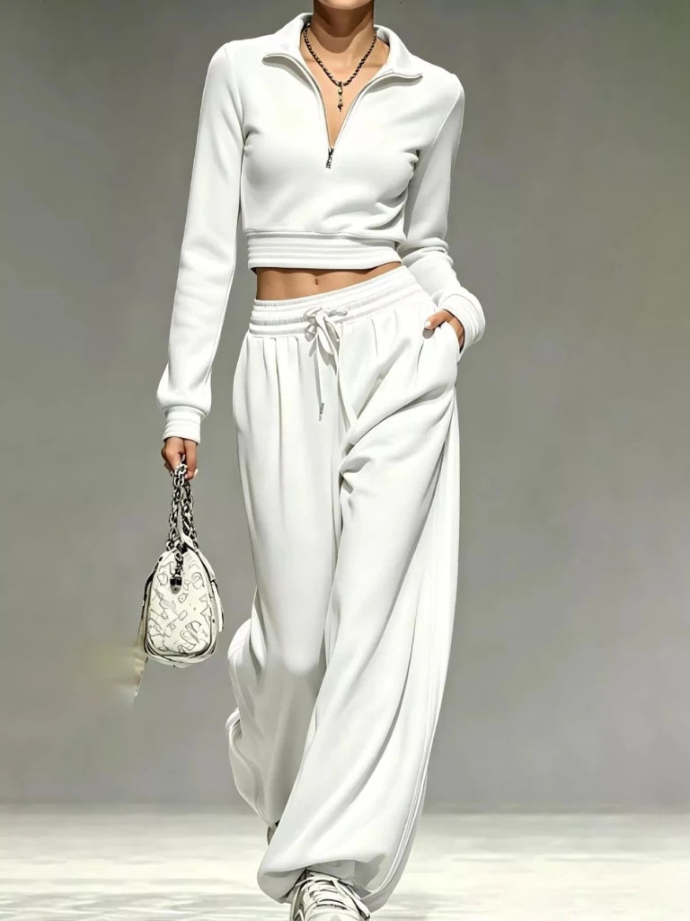 White half-zip cropped top and pants set