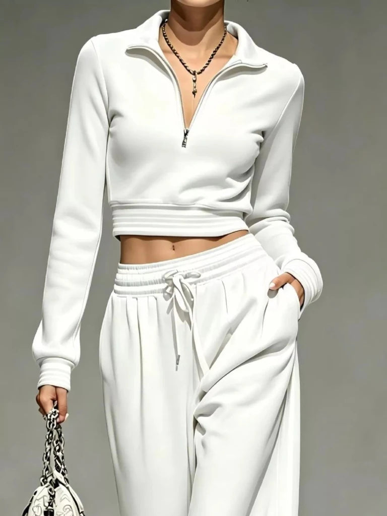 White half-zip cropped top and pants set, view 2