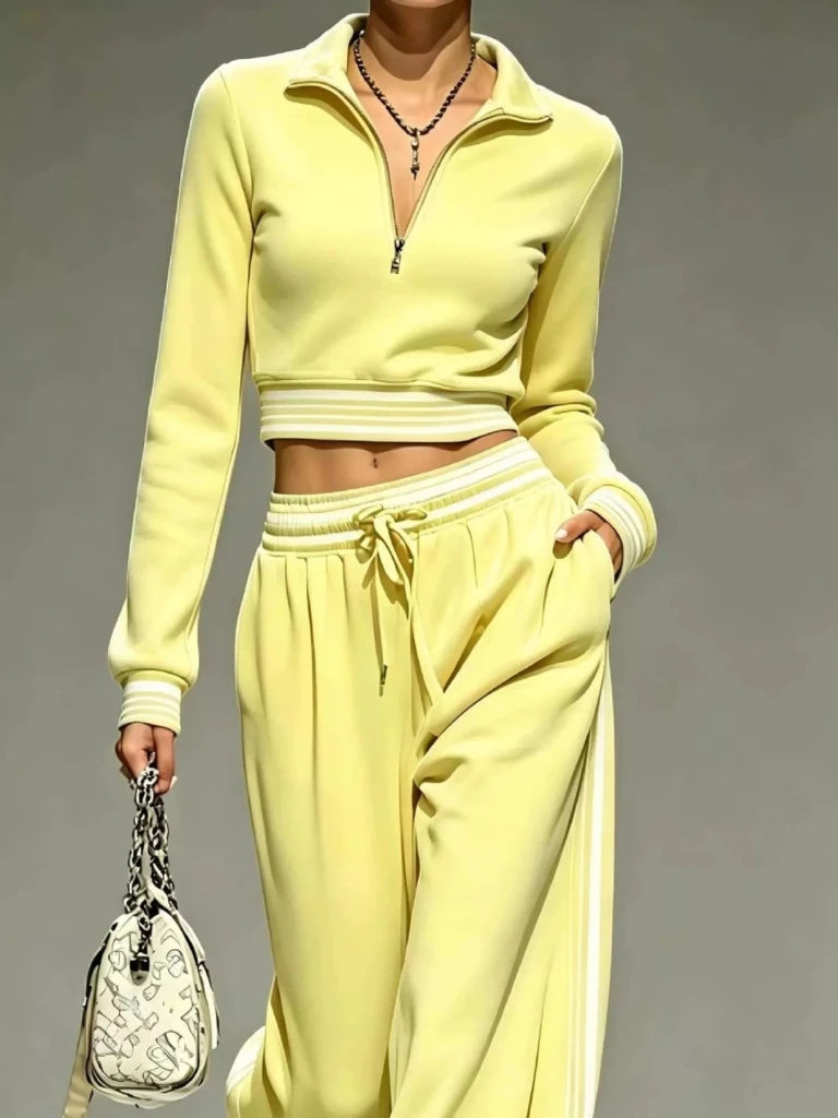 Yellow half-zip cropped top and pants set, view 2