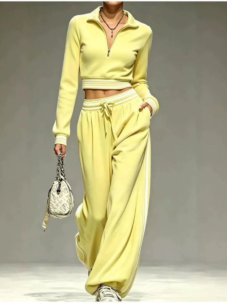 Yellow half-zip cropped top and pants set