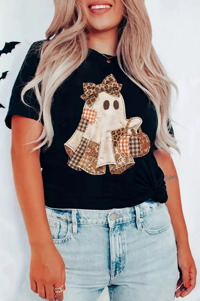 Black Halloween ghost applique short sleeve T-shirt, view 5