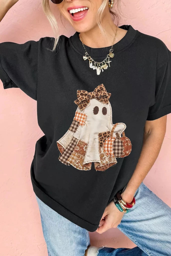 Black Halloween ghost applique short sleeve T-shirt, view 4