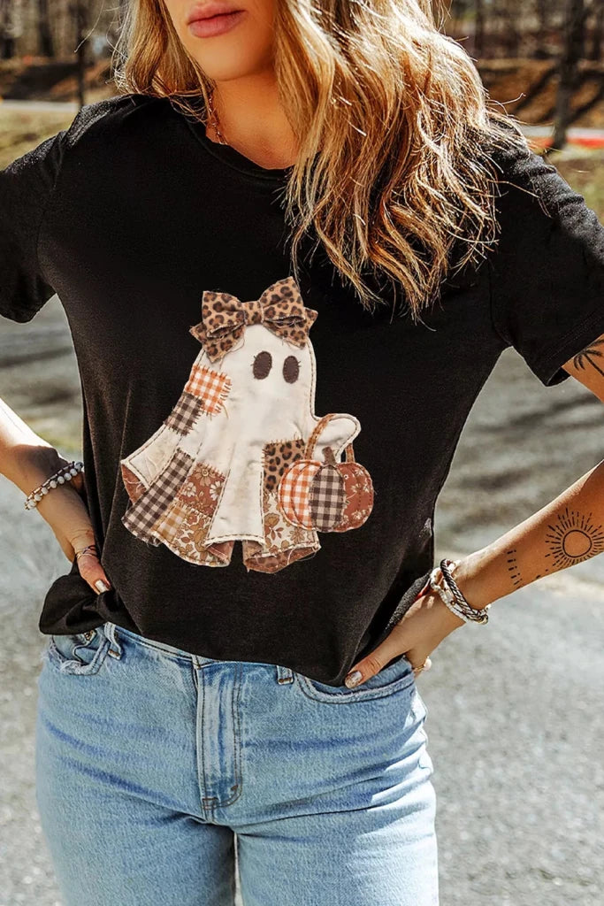 Black Halloween ghost applique short sleeve T-shirt, view 3