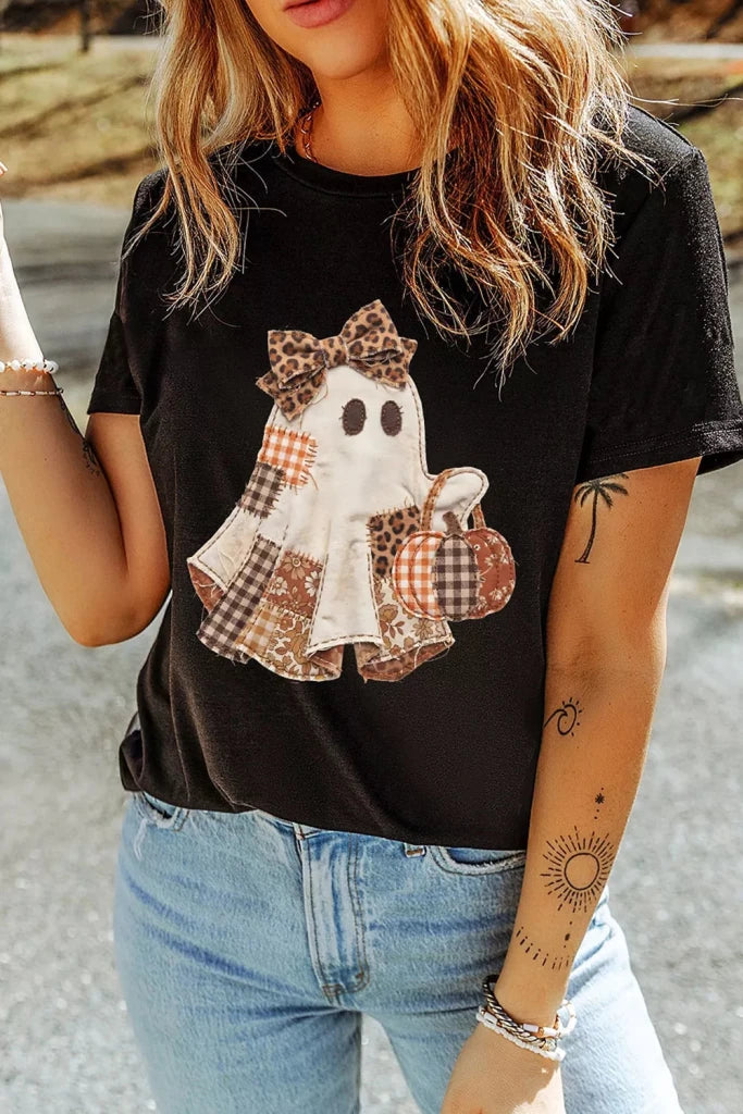Black Halloween ghost applique short sleeve T-shirt