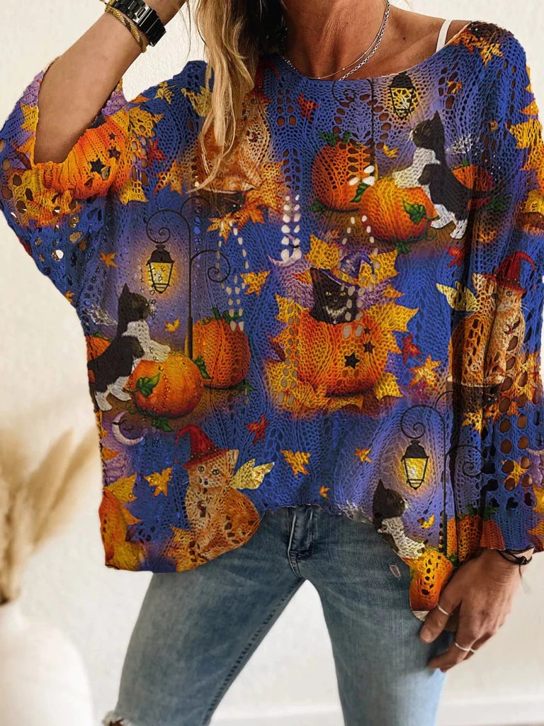 Full Size Halloween Pumpkin Loose Knit Cover Up Plus Size - Blue by Trendsi from FREYA’S CLOSET