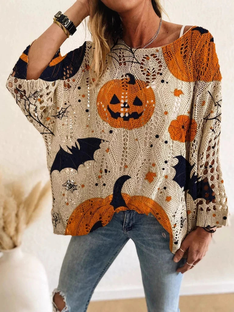 Full Size Halloween Pumpkin Loose Knit Cover Up Plus Size - Khaki by Trendsi from FREYA’S CLOSET