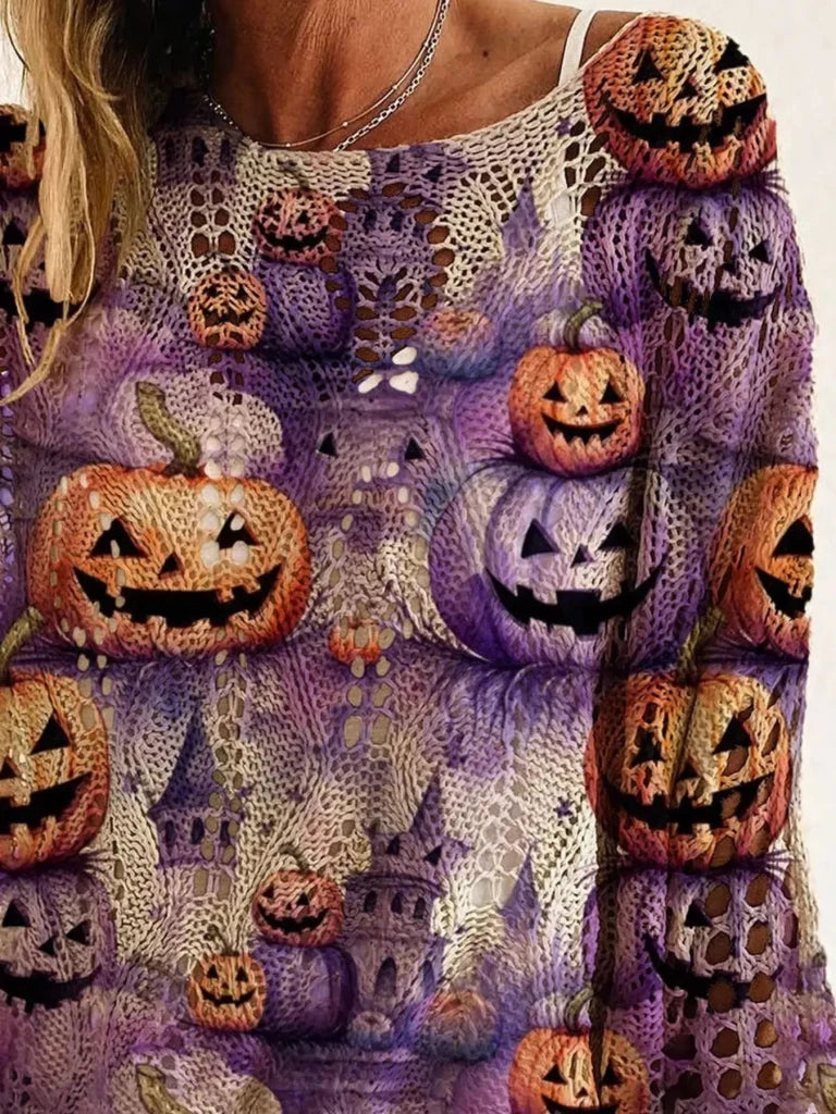 Full Size Halloween Pumpkin Loose Knit Cover Up Plus Size - Purple by Trendsi from FREYA’S CLOSET