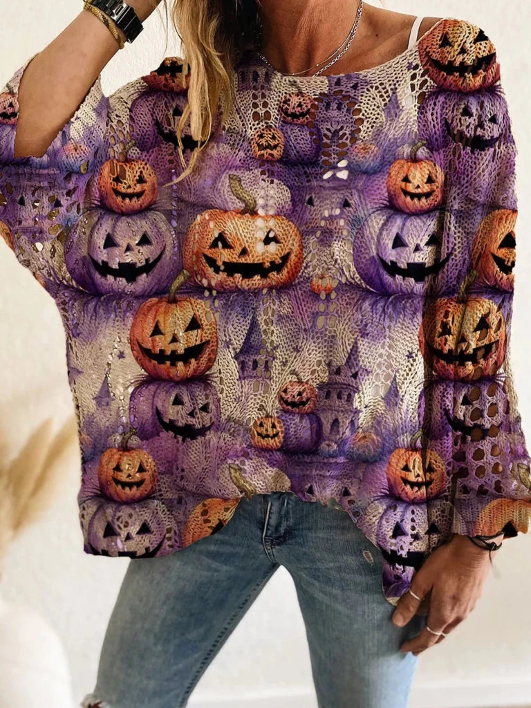 Full Size Halloween Pumpkin Loose Knit Cover Up Plus Size - Purple by Trendsi from FREYA’S CLOSET