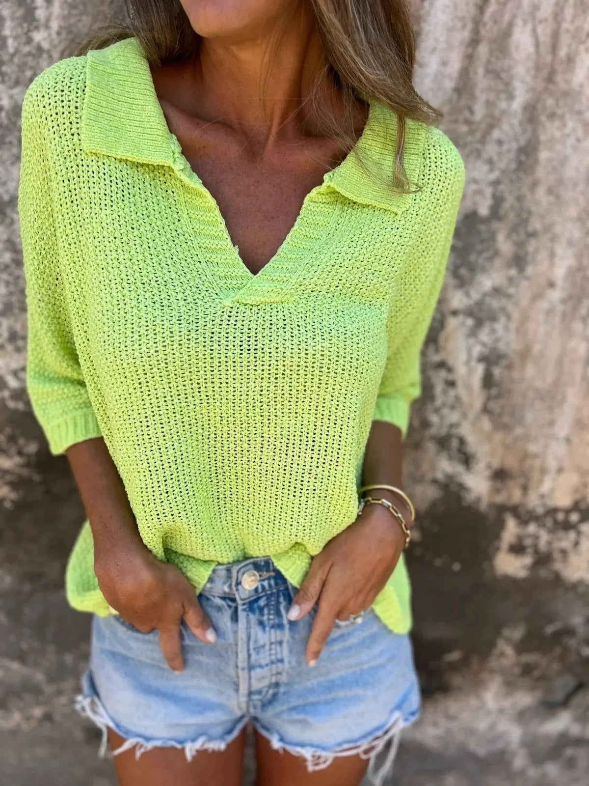 Trendsi Fluorescent Green / S Full Size Johnny Collar Loose Knit Sweater Plus Size